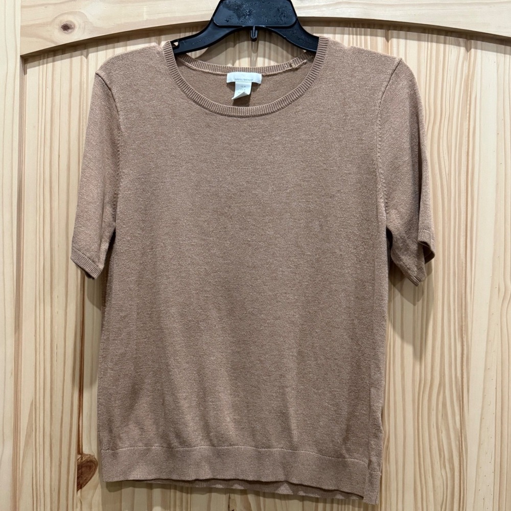 HM Basics Women Tan Camel Short Sleeve Knit Sweater Crew Neck Top Medium
